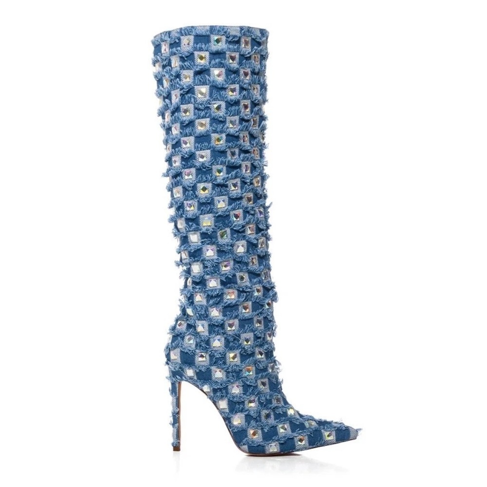 Azalea Wang Denim Eve Embellished Boots, New 8.5